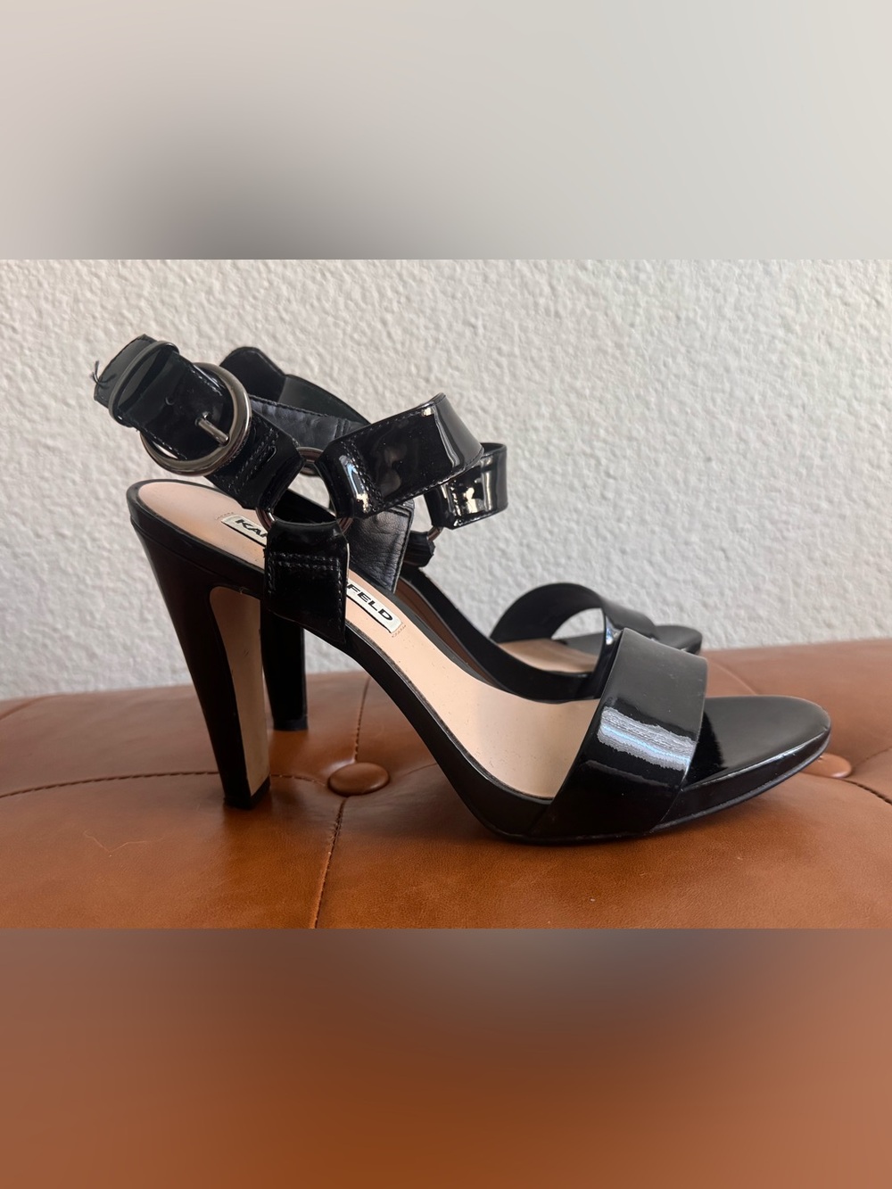Karl Lagerfeld Paris Black Patent Strappy High Heel Sandals